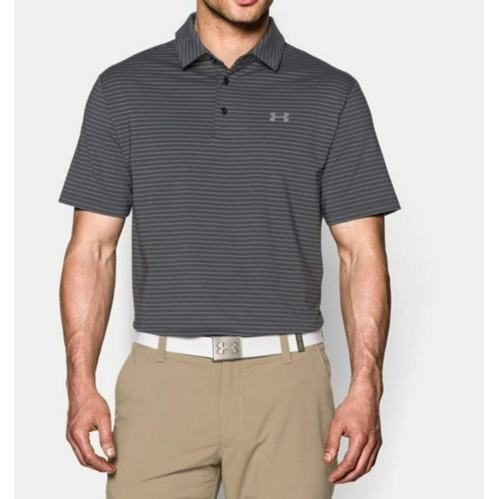 UNDERARMOUR MEN'S HEATGEAR LOOSE PLAYOFF 3.0 STRIPED GOLF POLO IN CHARCOAL GRAY